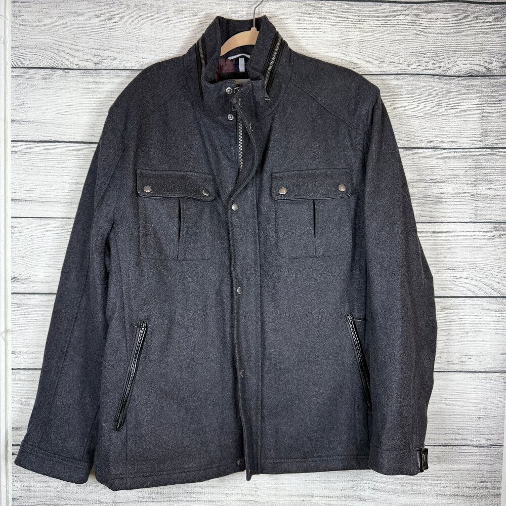 Cole Haan Wool Blend Gray Melton Zip Up Coat Jacket With Leather Details Sz XXL